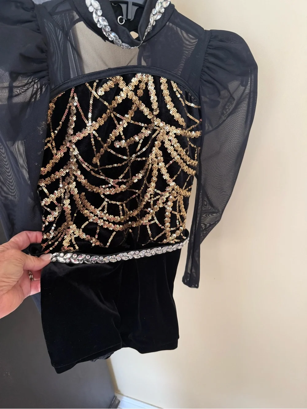 Weissman Black Velvet Performance Dress with Gold Sequin Accents